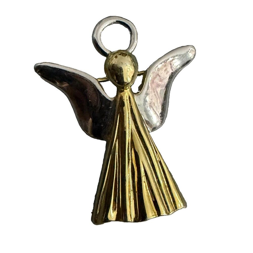 Vintage Two Tone Gold Silver Modernist Angel Pin Brooch Minimalist Religious